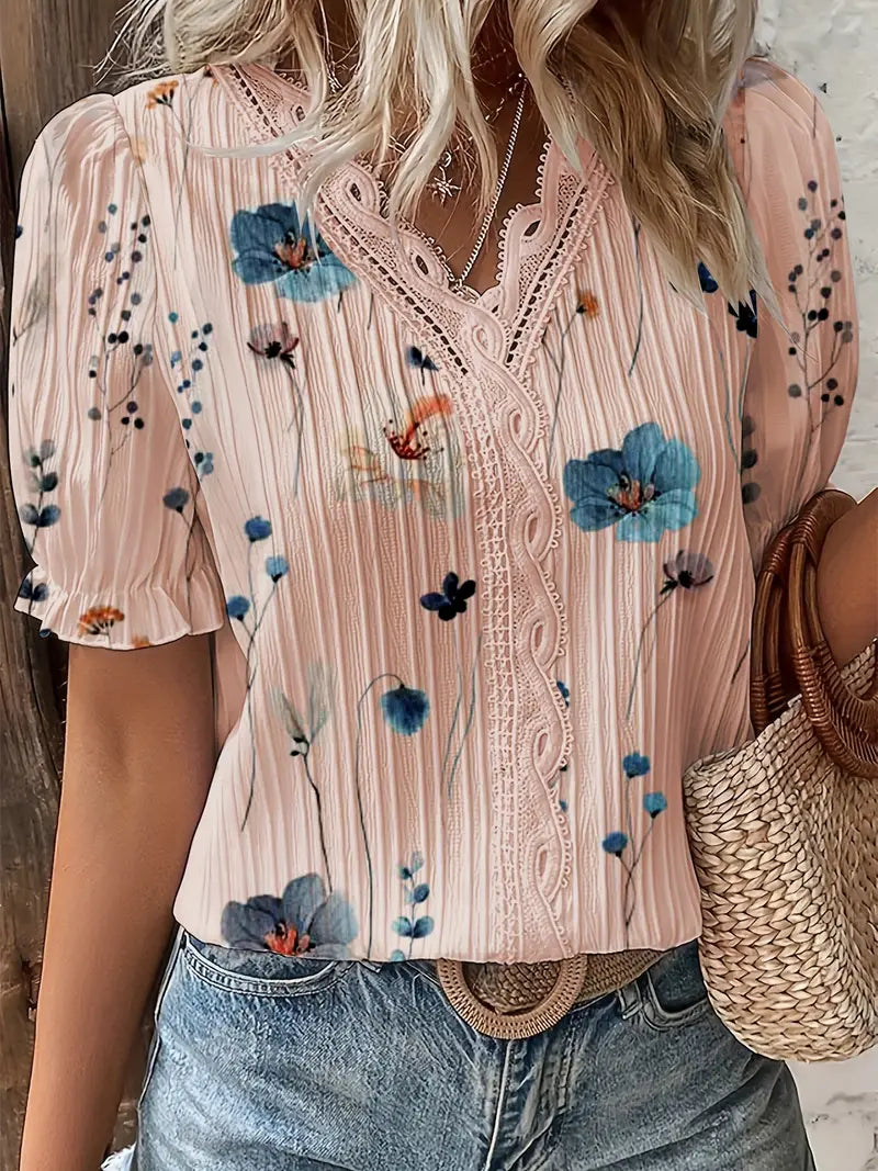 Sunny Bloom | Floral Lace Trim Blouse