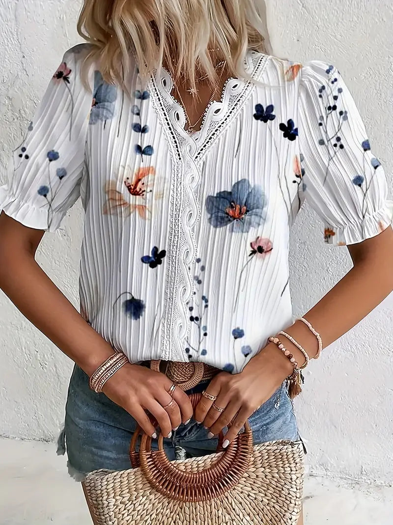 Sunny Bloom | Floral Lace Trim Blouse