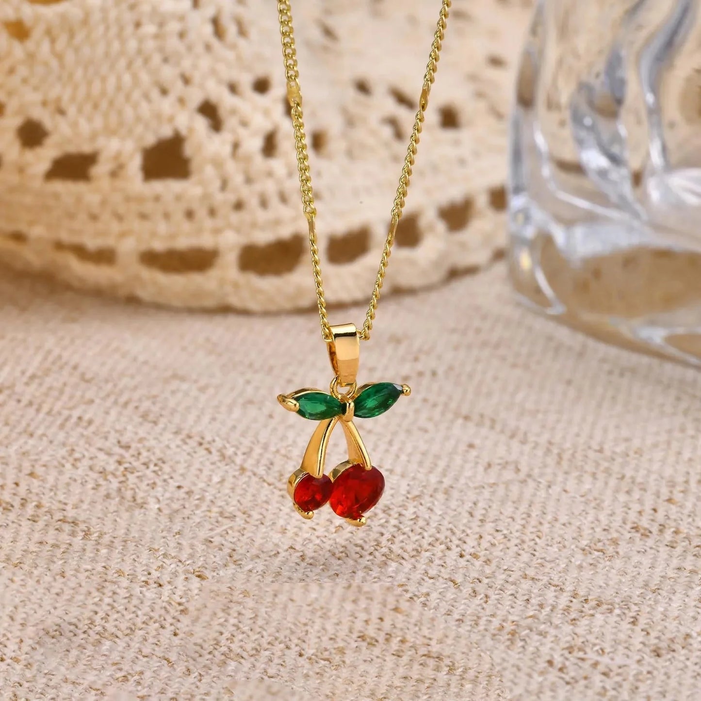 14K Gold Cherry Pendant Necklace with Red & Green Gemstones