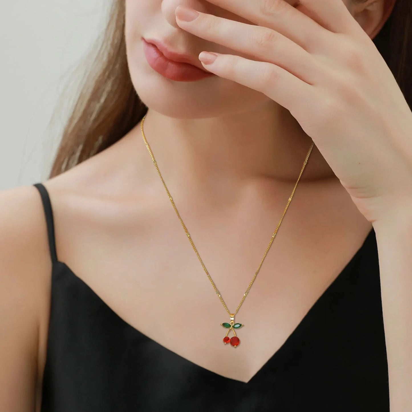 14K Gold Cherry Pendant Necklace with Red & Green Gemstones