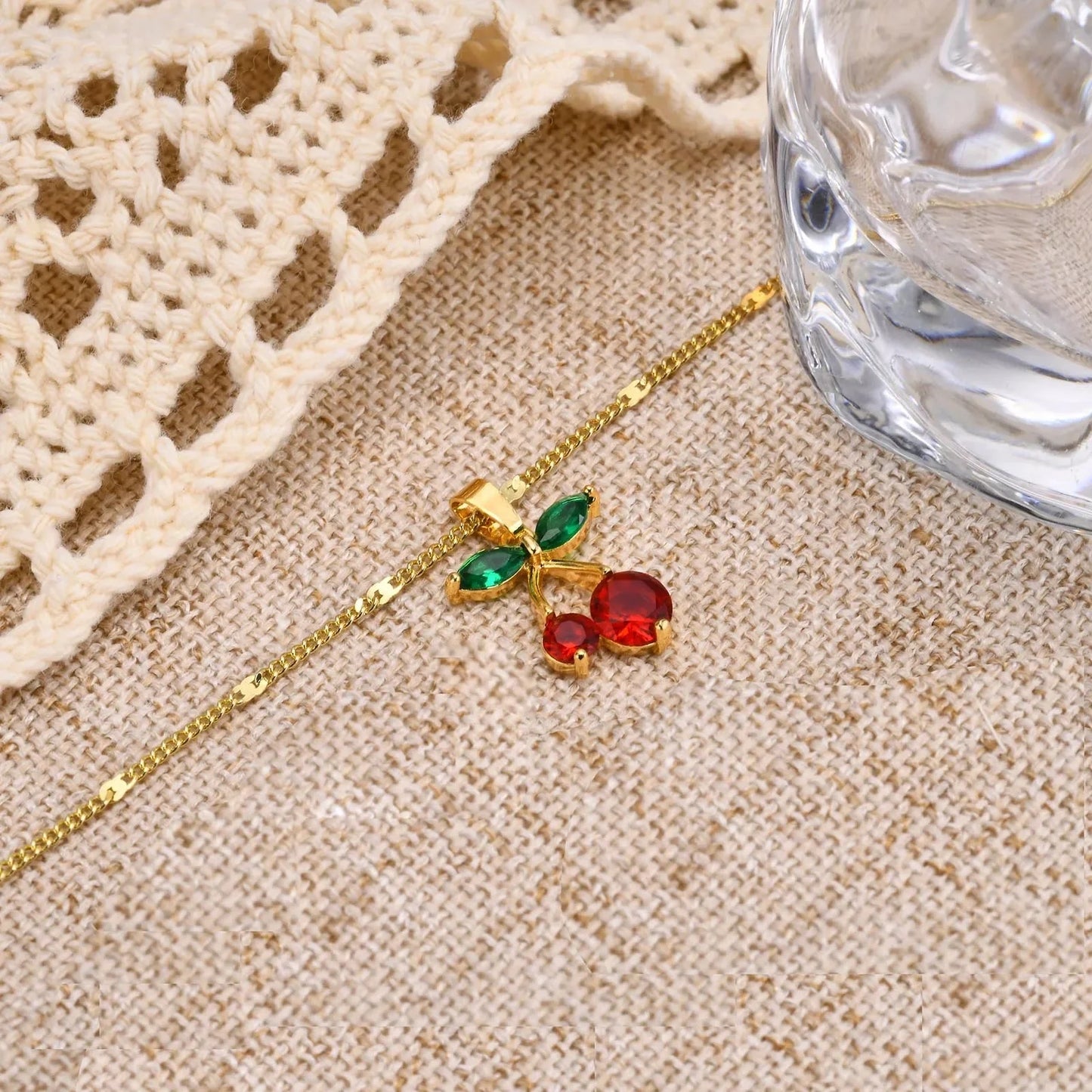 14K Gold Cherry Pendant Necklace with Red & Green Gemstones