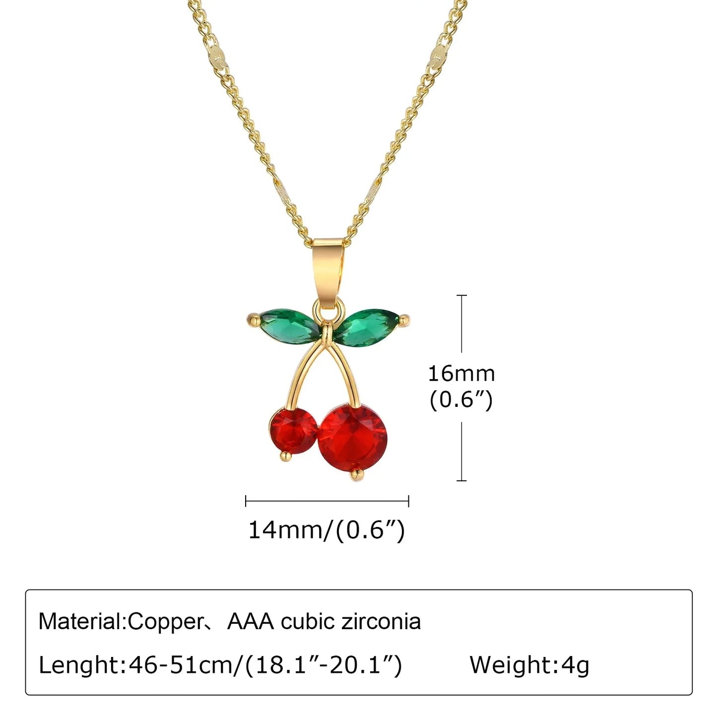 14K Gold Cherry Pendant Necklace with Red & Green Gemstones
