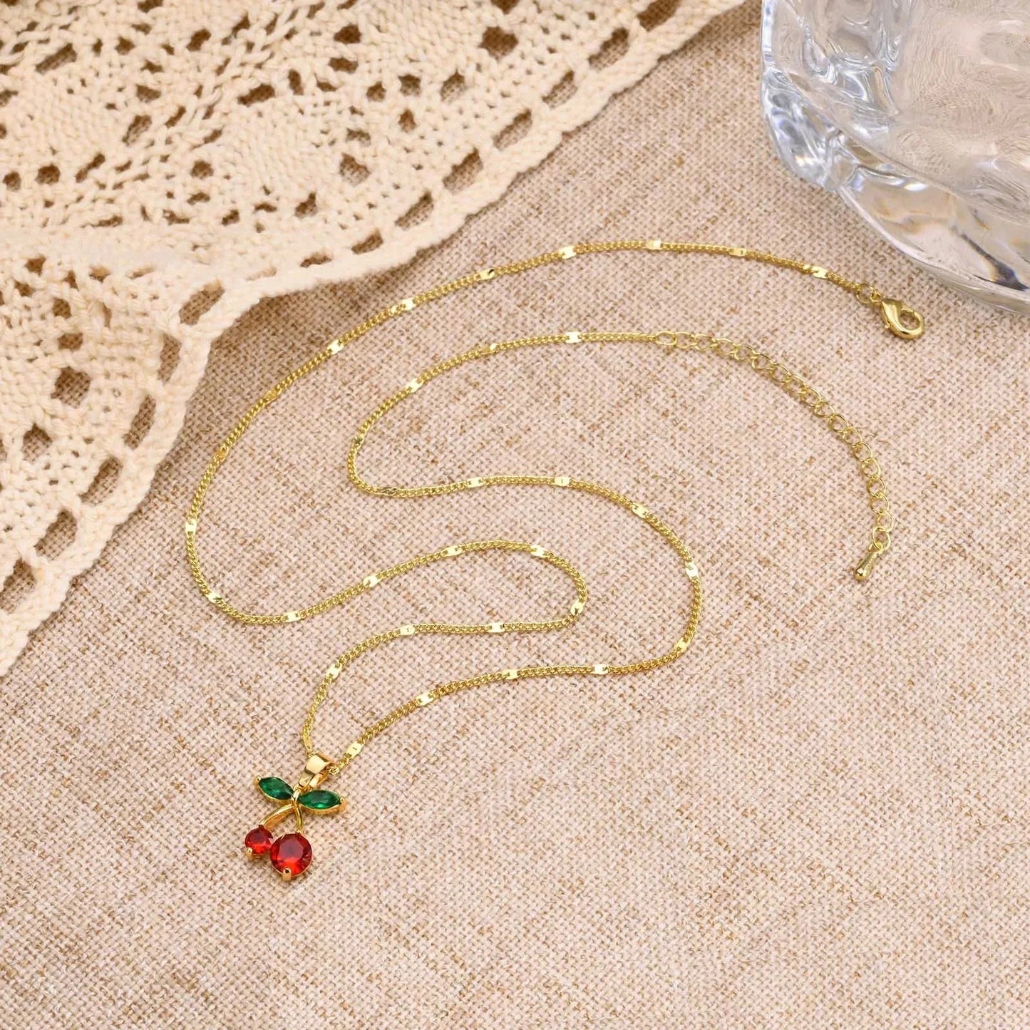 14K Gold Cherry Pendant Necklace with Red & Green Gemstones