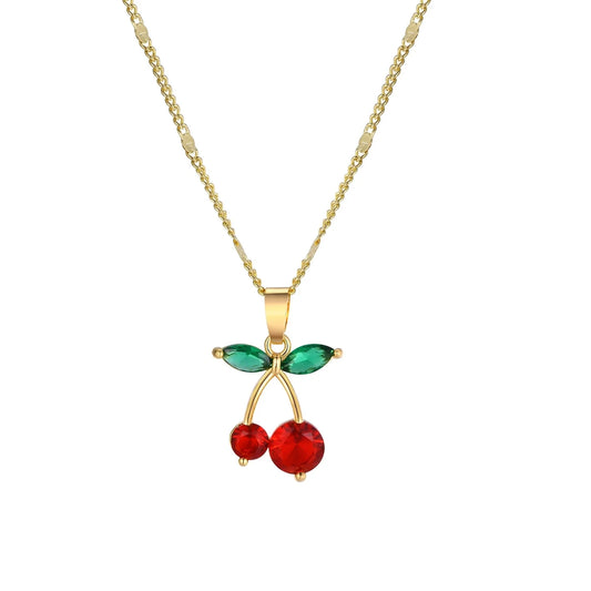 14K Gold Cherry Pendant Necklace with Red & Green Gemstones