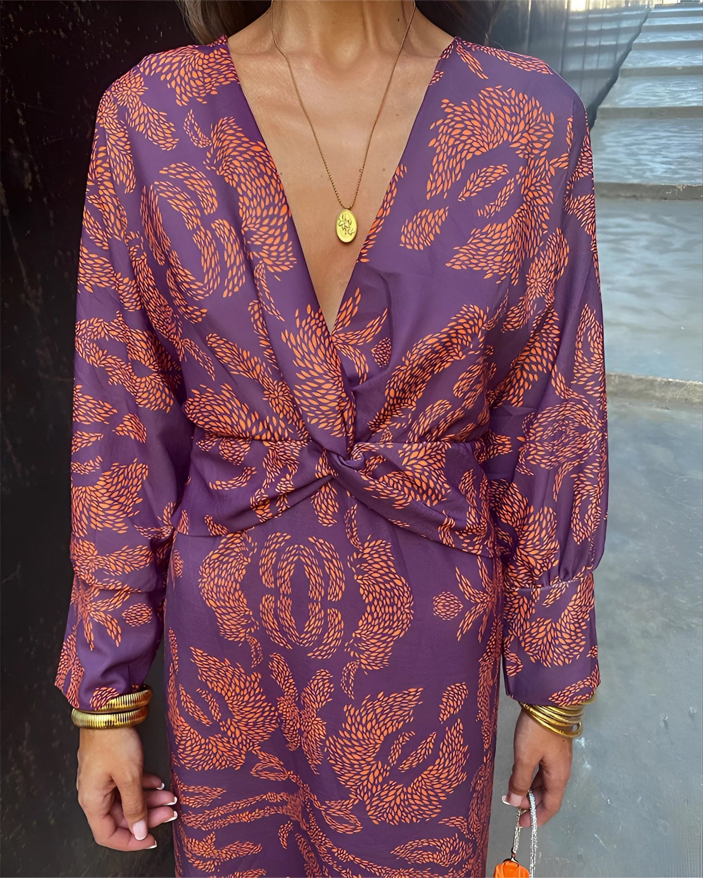 Blue Floral Midi Dress - V-Neck Long Sleeve Fall Fashion