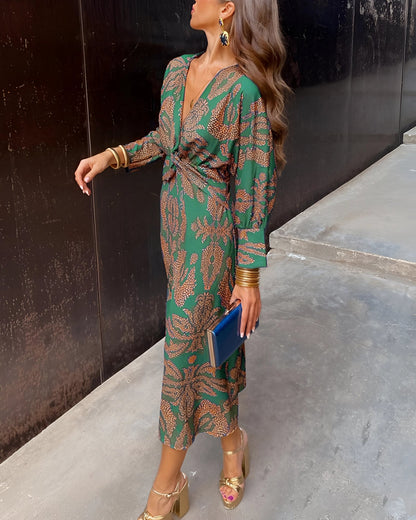 Blue Floral Midi Dress - V-Neck Long Sleeve Fall Fashion